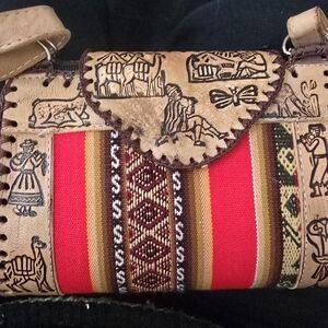 Handmade Peruvian textile and embossed leather Tan and Red Crossbody Bag 8' x 6'